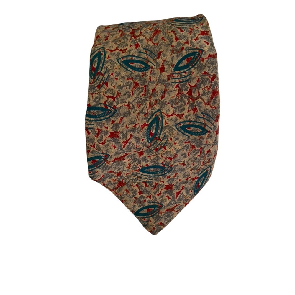 Austin Grey Mens Silk Necktie Abstract Teal Red Grey Pattern Made in Italy